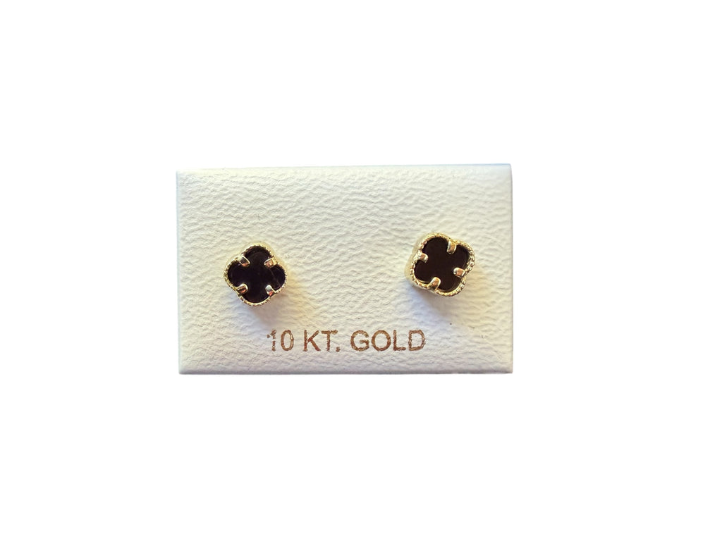 Aretes Clover Pequeños con Piedra Negra en Oro 10k