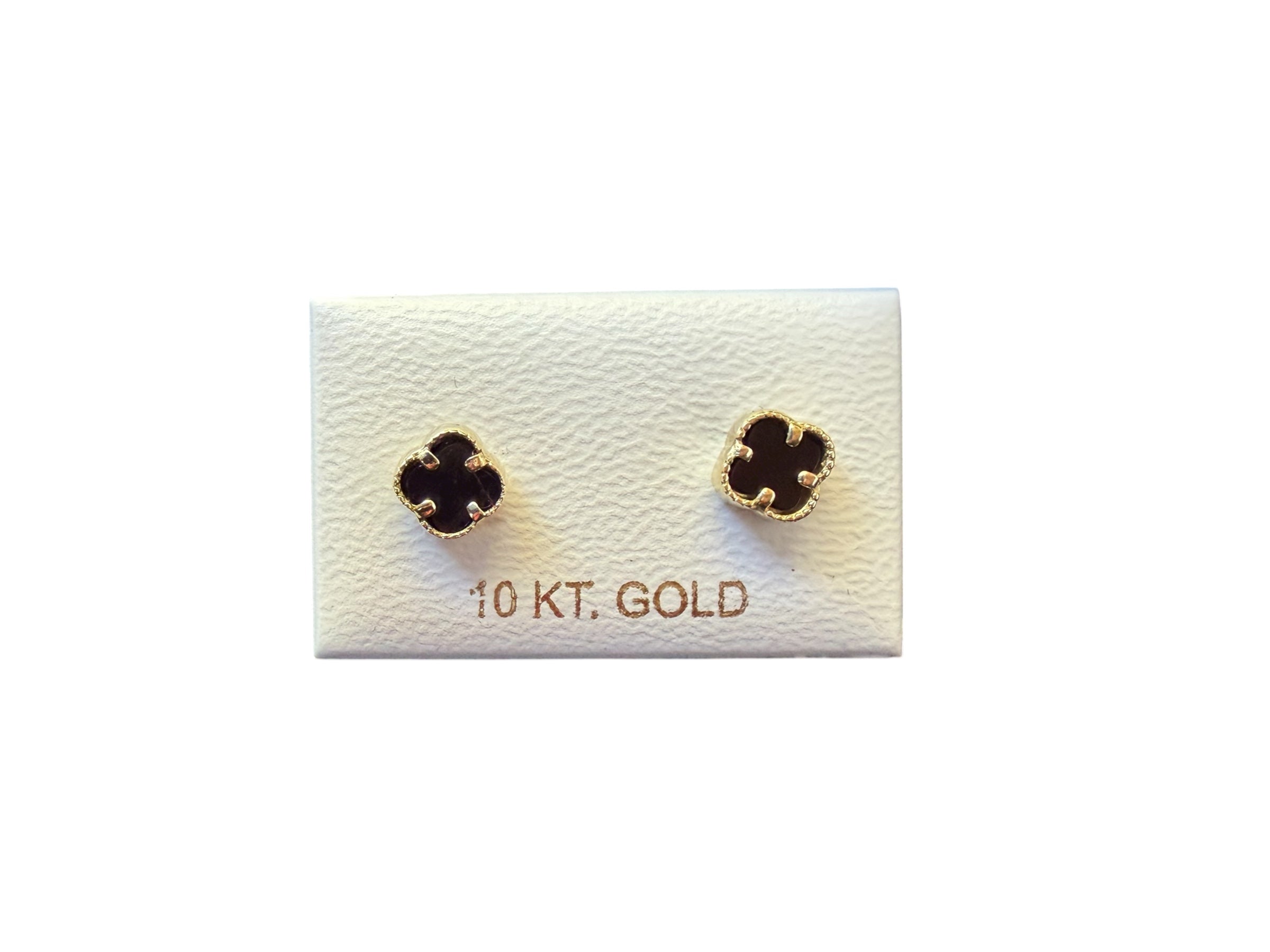 Aretes Clover Pequeños con Piedra Negra en Oro 10k